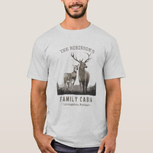 Family Name Cabin Deer Pine Tree Forest Light Grey T-Shirt