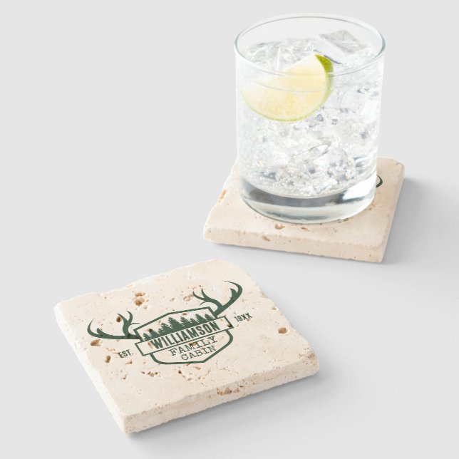 Family Name Cabin Forest Green coaster (Side)