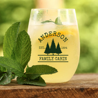 Family Name Cabin Forest Green Pines Stemless Wine Glass