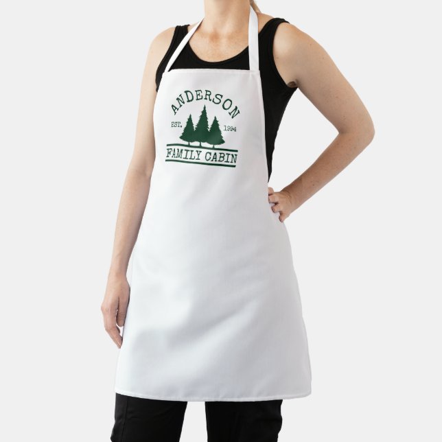 Family Name Cabin Forest Green Pines White Apron (Insitu)