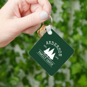 Family Name Cabin Forest Green Square Key Ring