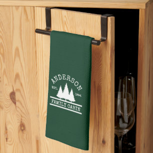 Family Name Cabin Forest Green  Tea Towel