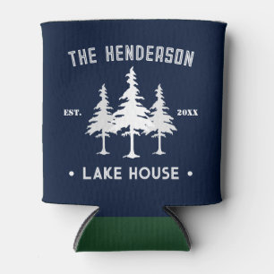 Family Name Cabin Lake House Forest Pine Trees Can Cooler