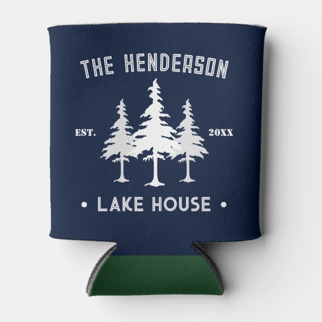 Family Name Cabin Lake House Forest Pine Trees Can Cooler (Front)