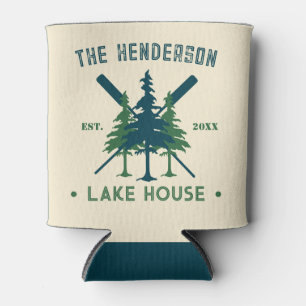 Family Name Cabin Lake House Oars Pine Trees  Can Cooler