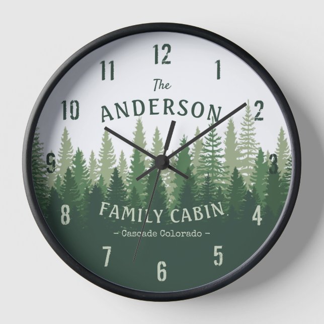 Family Name Cabin Location Pine Tree Forest Clock (Front)