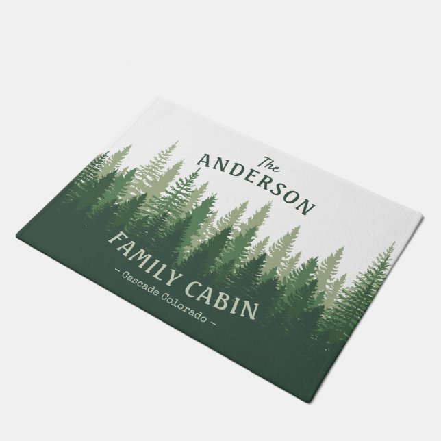 Family Name Cabin Location Pine Tree Forest Doormat (Angled)