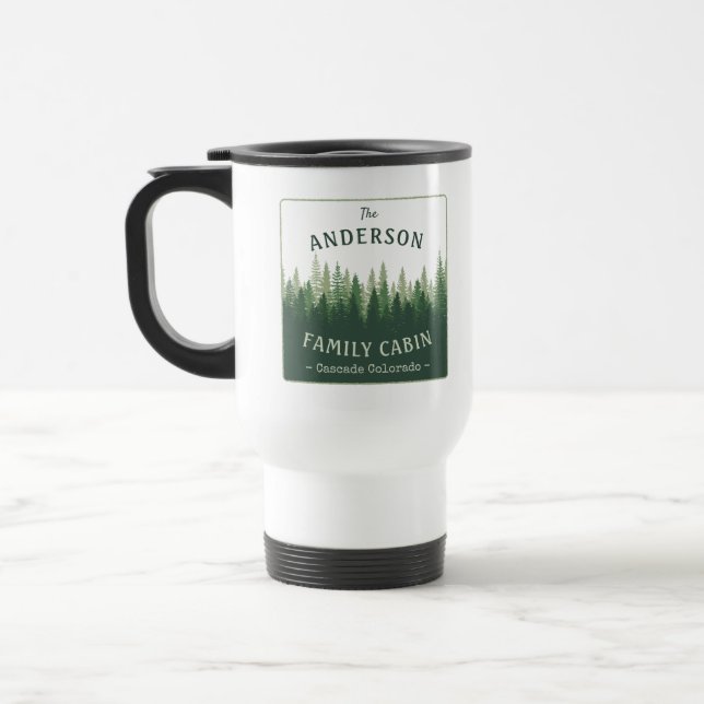 Family Name Cabin Location Pine Tree Forest Travel Mug (Left)
