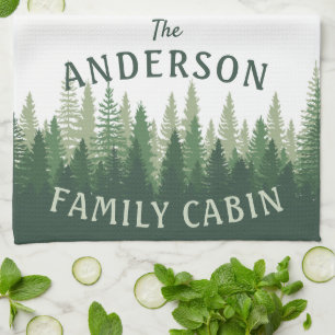 Family Name Cabin Pine Tree Forest Tea Towel