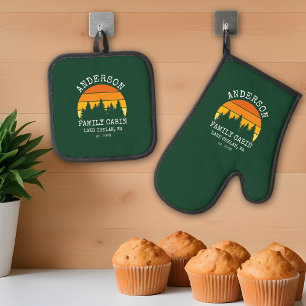 Family Name Cabin Pine Trees Sunset Green Oven Mitt & Pot Holder Set