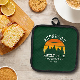 Family Name Cabin Pine Trees Sunset Green Pot Holder