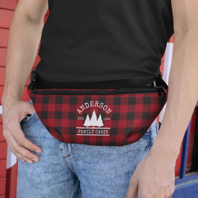 Family Name Cabin Red Buffalo Plaid Bum Bags (Customize to change text size or text style.)