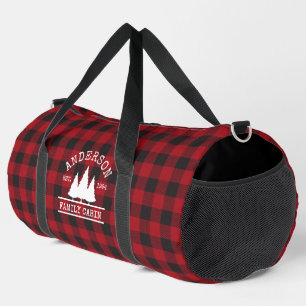 Family Name Cabin Red Buffalo Plaid Duffle Bag