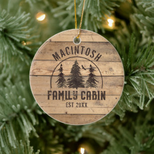 Family Name Cabin Rustic Wood Forest Personalised Ceramic Tree Decoration