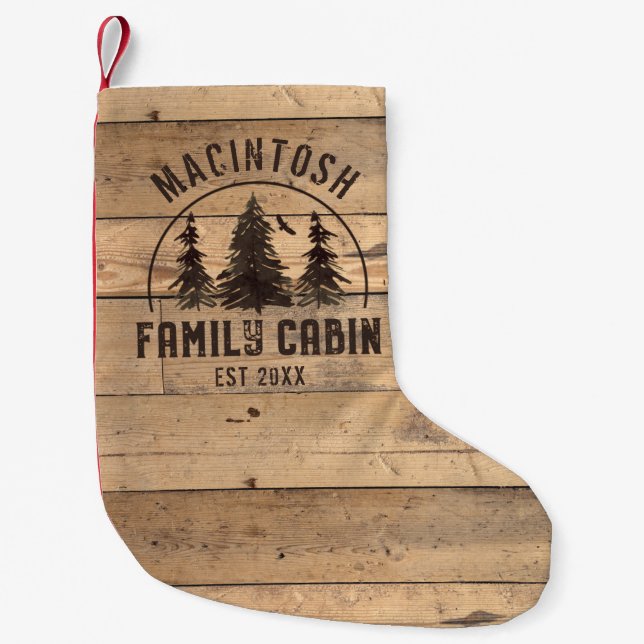 Family Name Cabin Rustic Wood Forest Personalised Small Christmas Stocking (Front)