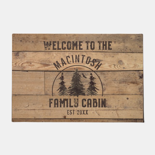 Family Name Cabin Rustic Wood Welcome Doormat (Front)