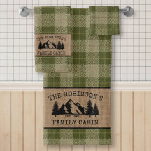 Family Name Cabin Trees Sage Green Plaid Burlap