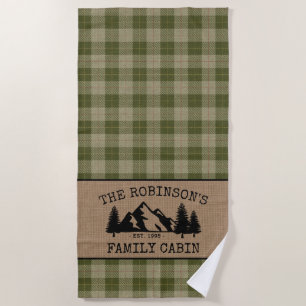 Family Name Cabin Trees Sage Green Plaid Burlap Beach Towel