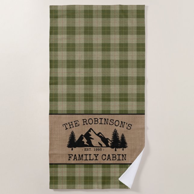 Family Name Cabin Trees Sage Green Plaid Burlap Beach Towel (Front)