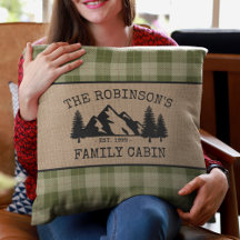 Family Name Cabin Trees Sage Green Plaid Burlap