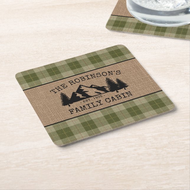 Family Name Cabin Trees Sage Green Plaid Burlap Square Paper Coaster (Angled)