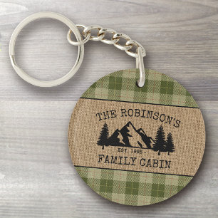 Family Name Cabin Trees Sage Plaid Burlap 2 sided Key Ring