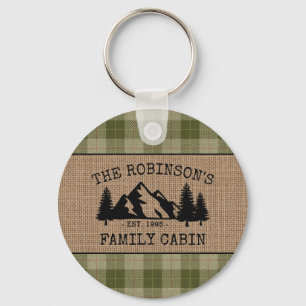 Family Name Cabin Trees Sage Plaid Burlap Round Key Ring