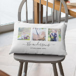 Family Name Calligraphy Custom Photo Collage Lumbar Cushion<br><div class="desc">Pillow with 3 square photos arranged side by side on the front and back side making it 6 photos in total that you can replace with you own photos against a white background. You can also add your family name in a stylish calligraphy font and the year established. Perfect for...</div>