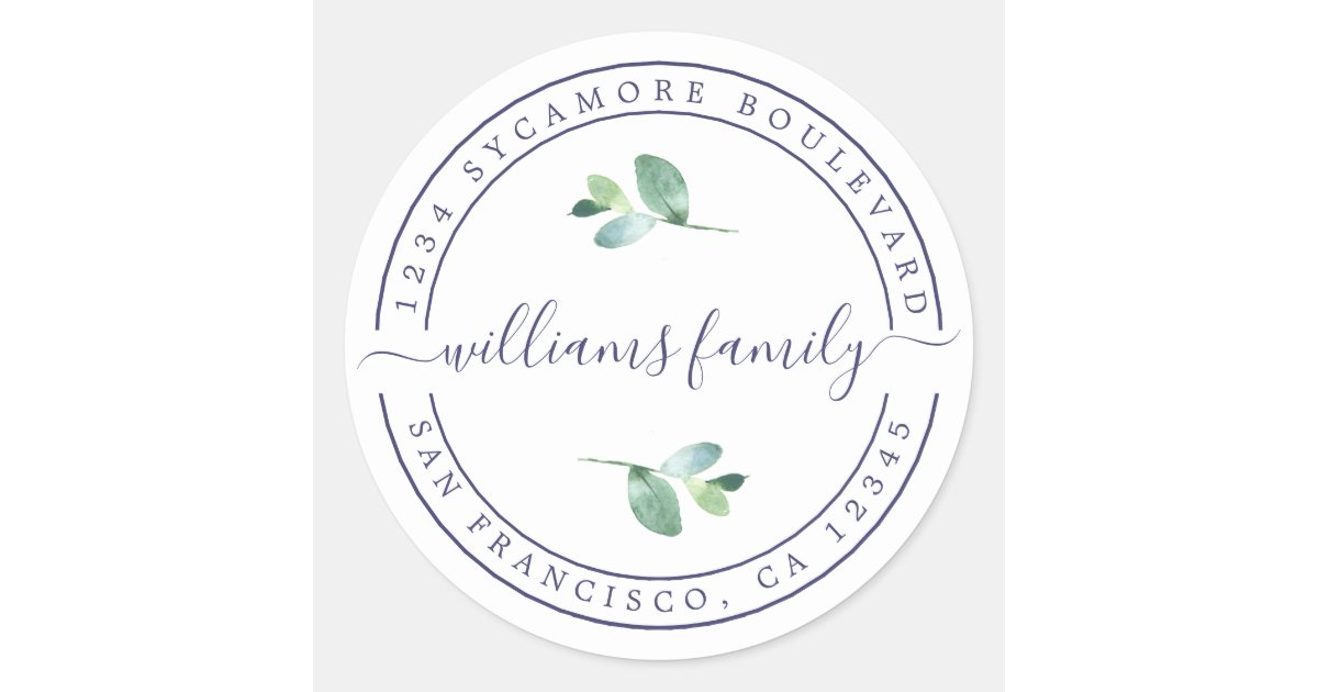 Family Name Calligraphy Foliage Return Address Classic Round Sticker