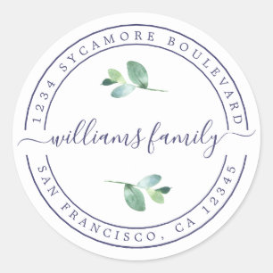 Family Name Calligraphy Foliage Return Address Classic Round Sticker