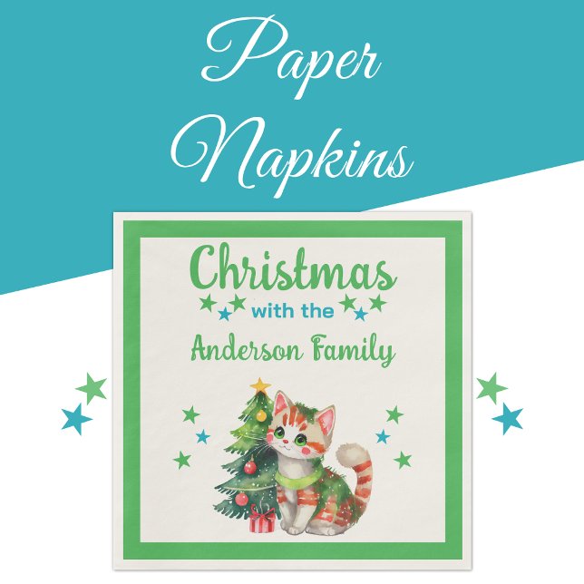 Family name cat tree green blue Christmas Napkin (Creator Uploaded)