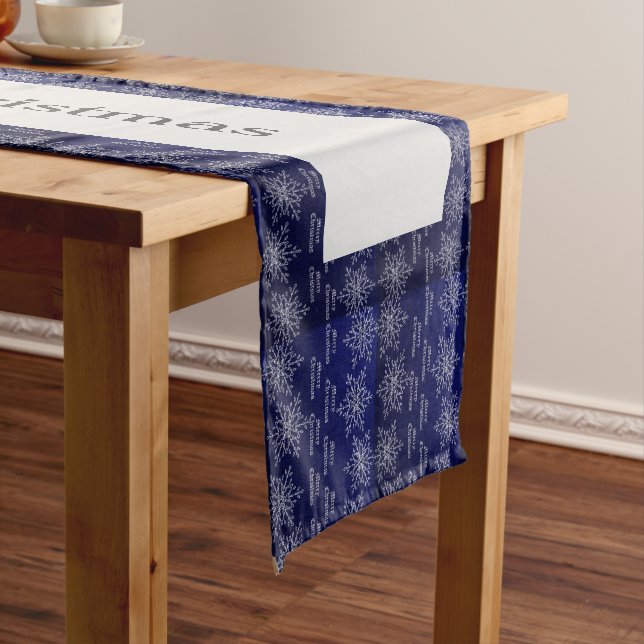Family Name Christmas Dark Blue White Snowflakes Short Table Runner (In Situ)