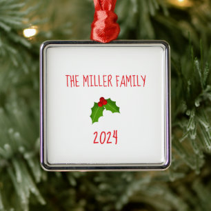 Family NAME Christmas Holly Keepsake YEAR Festive Metal Tree Decoration