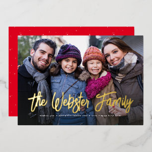 Family name Christmas one photo red Foil Holiday Card