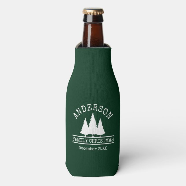 Family Name Christmas Pines Green Bottle Cooler (Bottle Front)