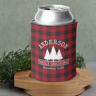 Family Name Christmas Pines Red Plaid Can Cooler
