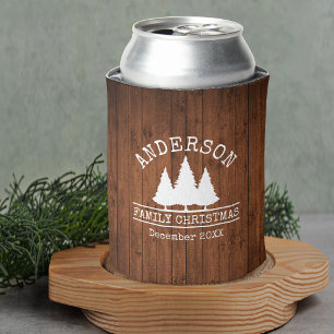 Family Name Christmas Rustic Wood Pines Can Cooler