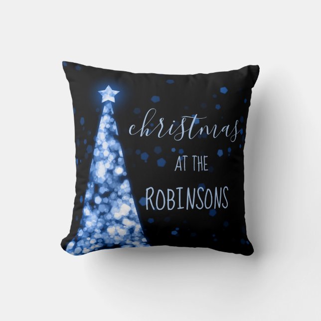 Family Name Christmas Sparkling Trees Blue Cushion (Front)