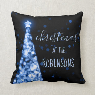 Family Name Christmas Sparkling Trees Blue Cushion