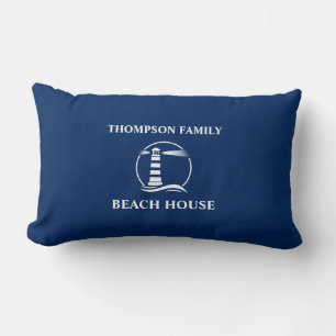 Family Name Classic Nautical Lighthouse Navy Blue Lumbar Cushion