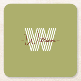 Family name Colourful natural olive green monogram Square Paper Coaster