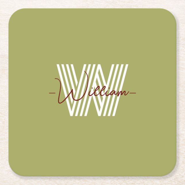 Family name Colourful natural olive green monogram Square Paper Coaster (Front)