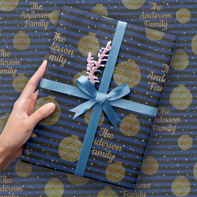 Family Name Contemporary Navy Black Gold Christmas Wrapping Paper (Creator Uploaded)