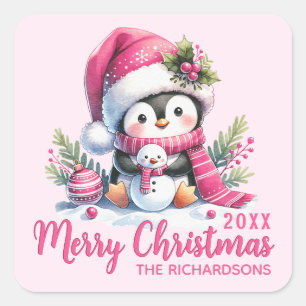 Family Name Cute Penguin Pink Merry Christmas Square Sticker
