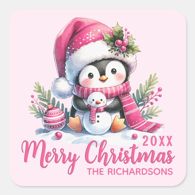 Family Name Cute Penguin Pink Merry Christmas Square Sticker (Front)