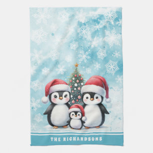 Family Name Cute Penguins Snowy Blue Christmas Tea Towel