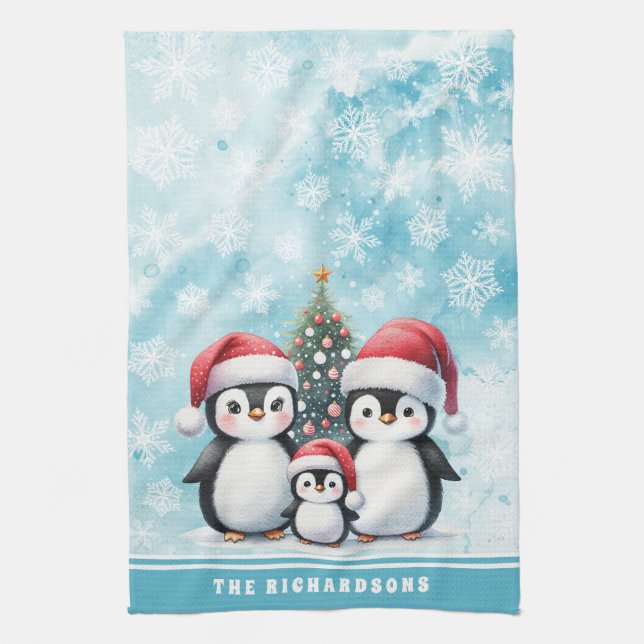 Family Name Cute Penguins Snowy Blue Christmas Tea Towel (Vertical)