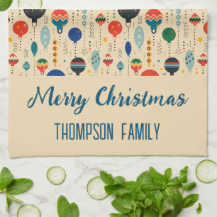 Family name cute retro ornaments traditional Xmas Tea Towel