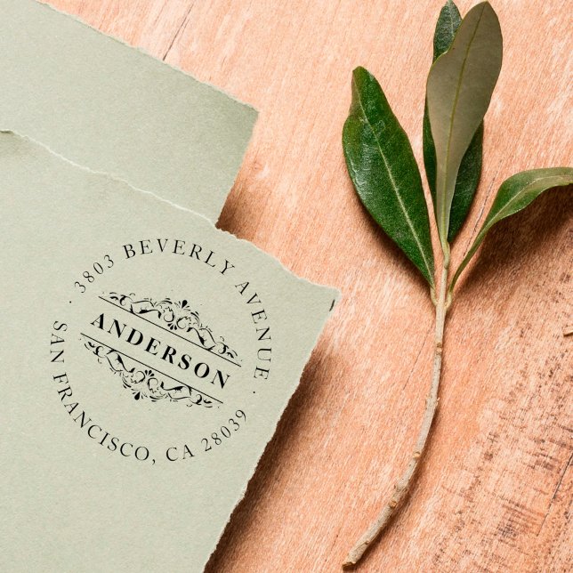 Family Name | Deco Flourish Round Return Address Rubber Stamp (Creator Uploaded)