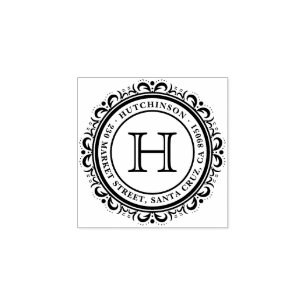 Family Name Deco Flourish Round Return Address Rubber Stamp